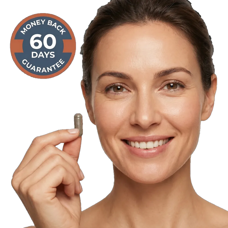 Smiling woman holding supplement